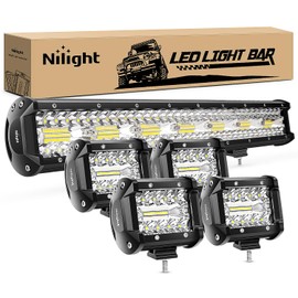 Nilight 20 Inch 420W Triple Row Flood Spot Combo Led Light Bar 4PCS 4Inch 60W LED Pods Driving Boat Lights Led Off Road Trucks Lights , 2 Years Warranty (ZH415), Black