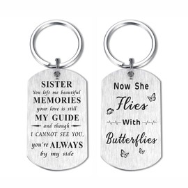 DEGASKEN Sister Memorial Gifts, Now She Flies With Butterflies, Sympathy Bereavement Gift Sad Loss of Sister, Metal Keyrings