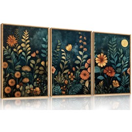 Celestdeco Vintage Dark Botanical Framed Canvas Wall Art Set, Colorful Floral Wall Decor, Nature Wildflower Wall Painting, Colorful Blossom Art Prints for Living Room, Bedroom, Office - 24"X36"X3
