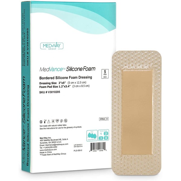 MedVanceTM Silicone - Bordered Silicone Adhesive Foam Dressing, 2"x5" (1.2"x3.4" pad) Box of 5 dressings