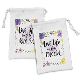 Ambesonne Lifestyle Fabric Pouch Set of 2, Live Life in Full of Blooms Words with Floral Violets Print, Small Drawstring Bag for Toiletries Masks and Favors, 9" x 6", Purple and Yellow