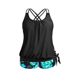 Holipick Green Flower Women Plus Size Tankini Swimsuit Two Piece Bathing Suits Tummy Control Blouson Top with Boy Shorts 20W