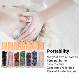 10ml Roller Bottles for Essential Oils, 7 Pcs Essential Oil Roller Bottles Refillable Glass Roll on Bottles with Gemstone Roller Balls & Crystal Chips Inside for Travel, Perfume and Lip Gloss