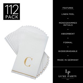 Luxe Party 112 Pack Monogram Napkins | Letter C Initial | Disposable | Premium Airlaid | Linen Feel | Decorative Table Setting | Guest Towel Napkin | White and Gold