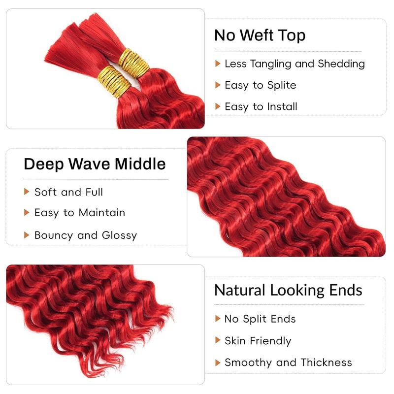 Tuheerst Pre Stretched Braiding Human Hair #Red Color Deep wave