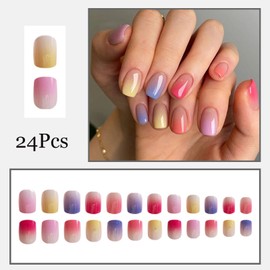 24Pcs Short Press on Nails French Tip Fake Nails Gradient Rainbow Acrylic Nails Full Cover Glue on Nails Colorful Coffin False Nails Glossy Stick on Nails Rainbow Artificial Nails for Women Girls