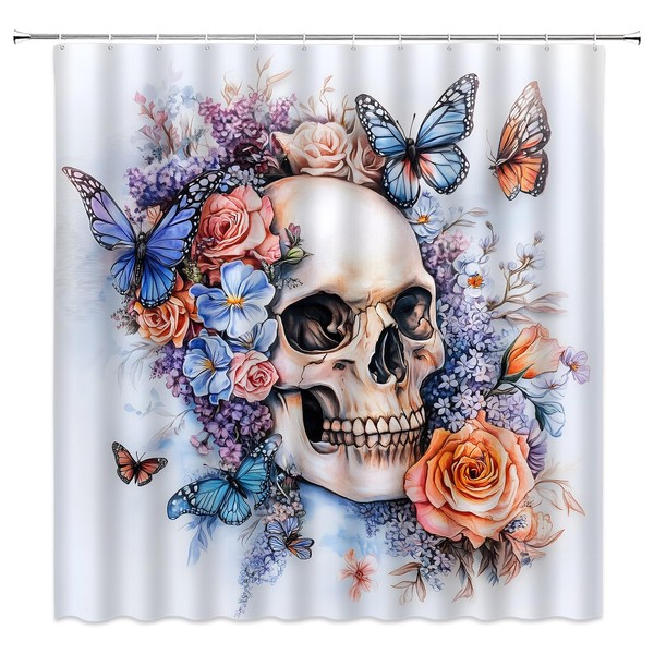 AMFD Sugar Skull Floral Shower Curtain Spooky Halloween Skeleton Flower