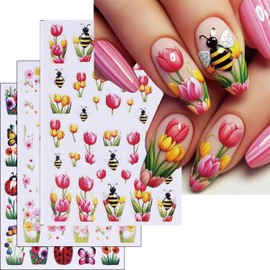 Summer Nails Stickers Pink Flowers Nails Sticker 3D Embossed Blue Butterfly Self Adhesive Sticker Flower Designs Nail Decals Colorful Nail Art Decals Summer Decals for Nail DIY Manicure 5Sheets