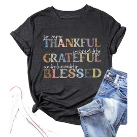 Fall Shirt for Women Thankful Grateful Blessed Vintage Letter Graphic T Shirts Casual Thanksgiving Tops Tee(Medium,TG-Dgrey01)