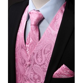 Enlision Men's Waistcoats Paisley Pink Wedding Waistcoat Tie Pocket Square Jacquard Party Suit Vest Set XXL