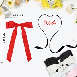 YUUYEE Hair Bows for Women & Girls, 3 Pcs - Classic Satin & Metal Bow Hair Clips with Long Tail, Multi-color (M-Black,White,Red)