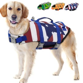 EMUST Dog Life Jacket, Lightweight Dog Life Vests with Rescue Handle for Small Medium and Large Dogs, Pet Safety Swimsuit Preserver for Swimming Pool Beach Boating, 2XL, FlagStar