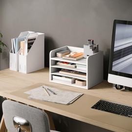 Ballucci File Organizer, 4-Tier Office Desk Organizer, Open Top Wood Paper Organizer for Classroom, Mail Sorter Paper Tray with Adjustable Storage Shelves, White