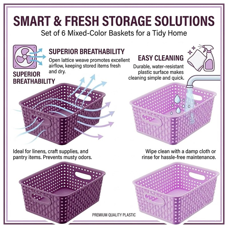6-Pack Small Baskets, Purple Plastic Open Storage Weave Basket Versatile