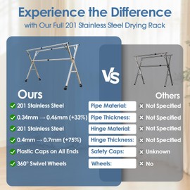 KitchLife Upgraded Full 201 Stainless Steel Clothes Drying Rack with Wheels, No Assembly Required, 95 Inches, Super Heavy Duty, Adjustable Foldable Laundry Drying Rack