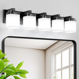 Guliaofo 5-Light Black Vanity Lights, 30.79 Inch Bathroom Light Fixtures with Milky White Square Glass Shade, Modern Vanity Light Over Mirror Wall Sconces - E26 Socket (Bulbs Not Included)