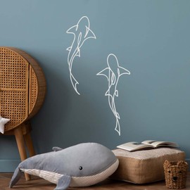 Metal Fish Wall Decor - Nautical Shark Room Art, Abstract Line Shark Design for Coastal-Themed Interiors(set of 2,White)