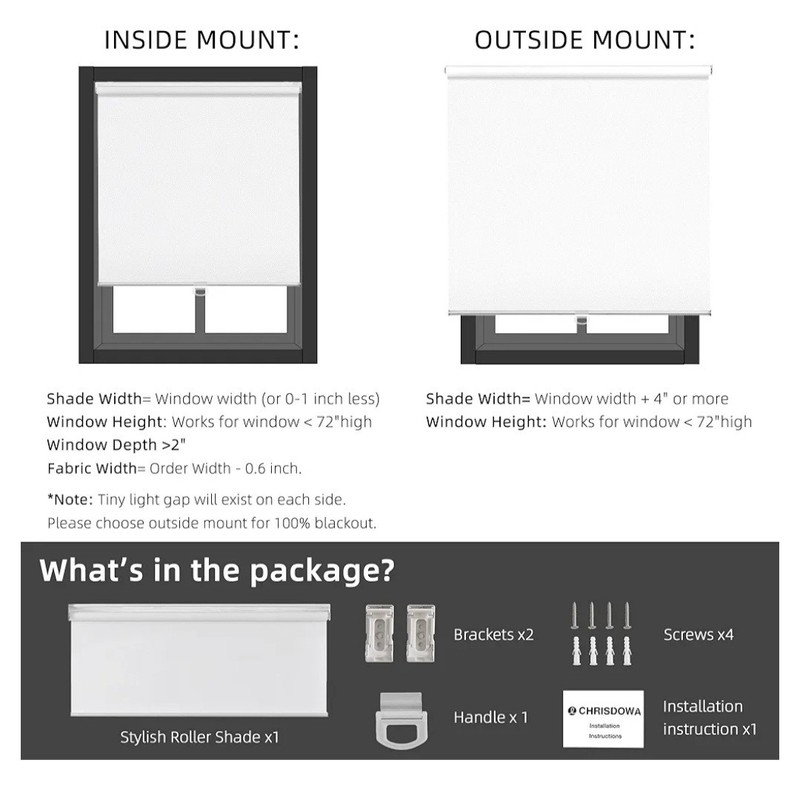 ChrisDowa Cordless Roller Shade Blackout Blinds for Windows 58" X