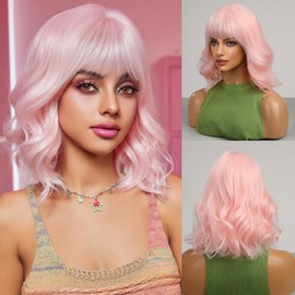 WTHCOS Light Pink Wig Short Bob Wig Short Curly Wavy Wig With Bangs for Women Pastel pink Wig Heat Resistant Synthetic Wigs for Daily Use Cosplay Wig With Wig Cap