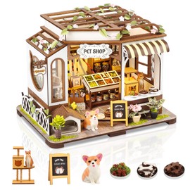 DIY Miniature House Kit,Pet Shop Dollhouse Kit with Furniture & LED,Mini House Building Kit,3D Wooden Crafts Tiny House Model for Adults Teens,Home Decor Xmas Birthday Gifts for Family and Friends