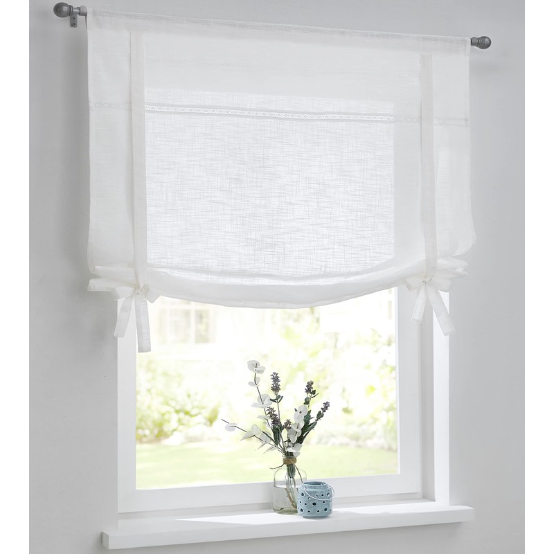 Vicky White Roman Blind, Linen Look with Hemstitch Lace, Drawstring,