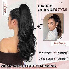CHRSHN CHRSHN Ponytail Extension, 26 Inch Drawstring Ponytail Extension for Women Long Black Wavy Layered Pony Tails Hair Extensions Synthetic Clip in Ponytail Hairpiece for Women
