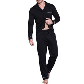 Winovia Men's Pyjamas Long Cotton Pyjamas Two Piece Nightwear Set Sleepwear Sleepwear with Classic Design, V-Neck and Button Placket, black
