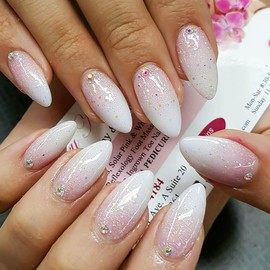 RUOKEXIN Almond Press on Nails Medium Fake Nails Pink White Ombre False Nails with Designs Glitter Full Cover Glue on Nails Sparkly Artificial Nails Cute Stick on Nails for Women 24Pcs