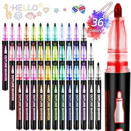 Marcadores Metálicos de Doble Línea, Resaltadores para Pintar de 36 Colores, Marcadores Plumones Contorno de Brillantes para Dibujar, Escribir, Colorear, Tarjetas de Felicitación, Carteles