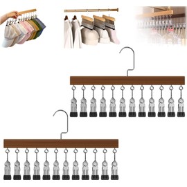 Wooden Trouser Hangers with 12 Clips, 2-Pack 360° Rotating Hook, Space-Saving Hanger for Skirts, Scarves, Hats and Socks, Non-Slip Heavy-Duty Wooden Hanger (2 Items in Vintage Colours)