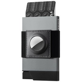 VULKIT Minimalist Wallet with AirTag Holder, Slim Metal Pop Up Card Holder with Money Band and RFID Blocking, Holds 12 Cards and Cash for Men and Women, Space Grey