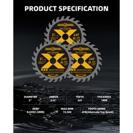 ANGELSWORD 3 Inch Circular Saw Blade 3/8" Arbor 24T, for Fine Finish Wood Cutting, 3 Pack