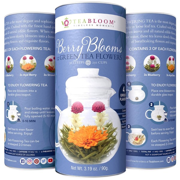 Teabloom Berry Flowering Teas - 12 Assorted, Delicious Berry Blooming Teas - Fresh, Handpicked Ingredients - Premium Green Tea + Cranberry, Blueberry, Acai Berry & Strawberry