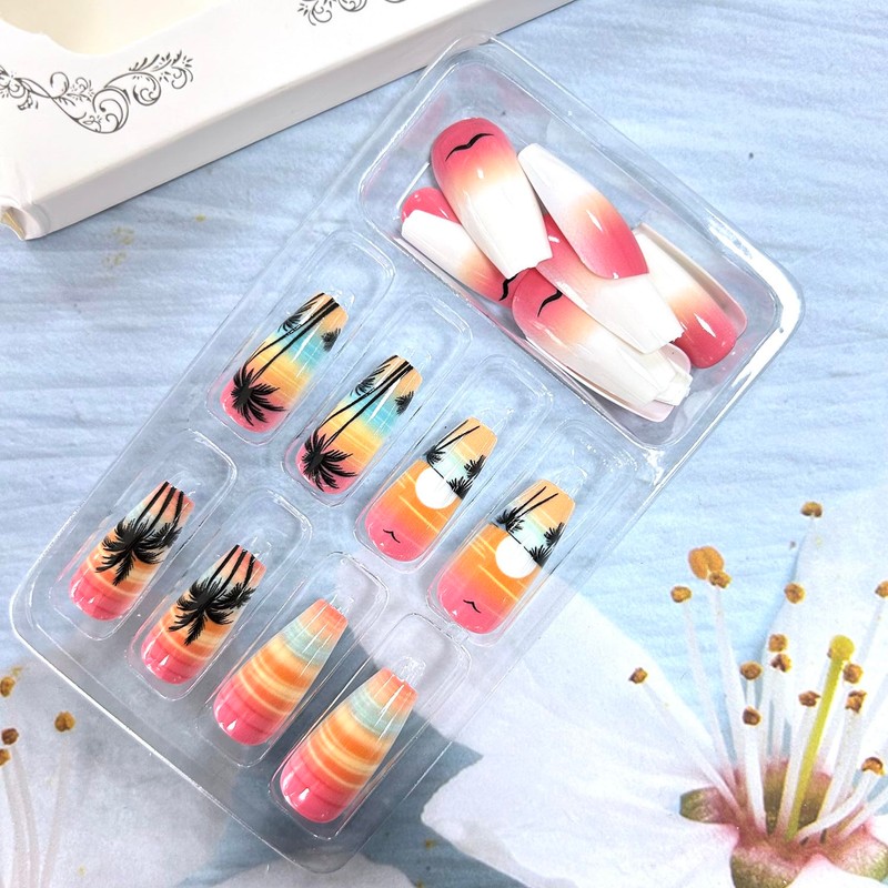 Summer Beach Press on Nails Medium Ballet Shaped Coconut Tree
