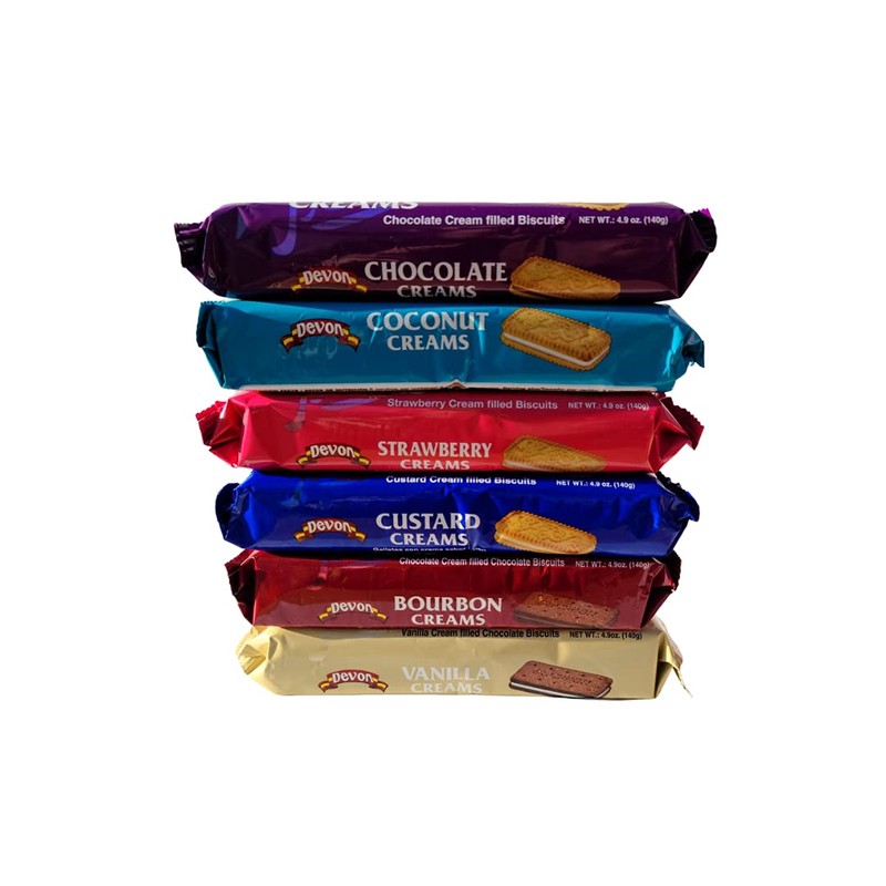 Devon Cream Filled Biscuits 4.9oz, Variety 6-Pack (Chocolate, Coconut, Custard,