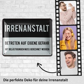 LANOLU Retro Tin Signs Sayings Funny - IRRENANSTALT Sign for Door, Hallway and Kitchen - Vintage Metal Sign Madhouse as a Gift Office Decoration and Workshop Sign - Made of Metal, 15 x 20 cm