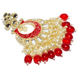 Bindhani Women's Indian Chandbali Meenakari Earrings (Gold-Plated, Kundan Stone, Faux Pearl, Red Drops)