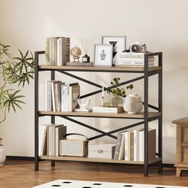 Homeiju 3 Tier Bookshelf 31.49" Width, Wood and Metal Etagere Bookcase, Vintage Farmhouse Modern Wooden Big Book Shelf for Home Living Room Bedroom Office Storage(Light Coffee)