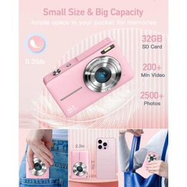 Digital Camera, FHD 1080P Point and Shoot Kids Camera, with 32GB Card, 16X Zoom Anti Shake Date Stamp, Compact Portable Small, for Starter Kid Children Teen Student Girl Boy(Pink) (Pink)