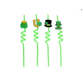 St. Patrick's Day Decorative Straws, Lucky Pot of Gold and Leprechaun Design, Green Spiral, Set of 4