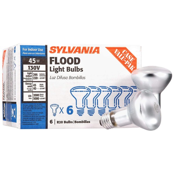 SYLVANIA Incandescent Flood Light Bulbs, R20 45W, 295 Lumens, 2,000 Hours, Value Pack - 6 Pack (15676)
