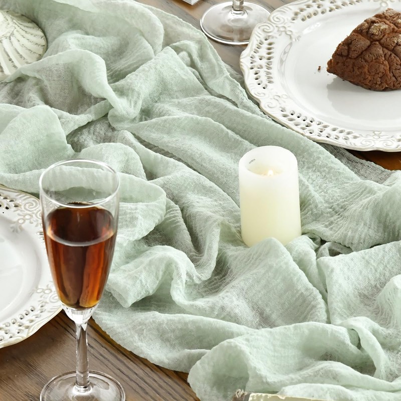Artoid Mode Boho Sage Green Gauze Wedding Cheesecloth Table Runner,