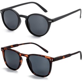 ZENOTTIC 2 Pairs Polarised Sunglasses Women Men Unisex Retro Vintage Round Square UV400 Protection, C2 2-Pack (Black Round and Tortoiseshell Square)