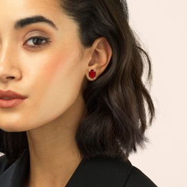 SeagullIN Women's 18K Gold Plated 8x10mm Princess Cut Gemstone Stud Earrings – Birthstone Jewelry for Her – Classic Cushion Studs (Garnet)