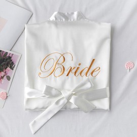 Ieron Elegant V-Neck Bride Satin Dressing Gown for Bridal Wedding Party, Silk Bridal Pyjamas, White, L