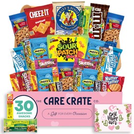 Small Mother's Day Snack Box (30 Piece Variety Gift Basket Care Package) Chips, Candy, Peanuts, Popcorn, Cookies, Gummy Snacks, Chocolates & More - The Care Crate Co.