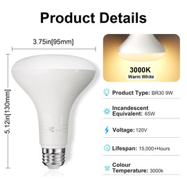 LED Flood Light Bulb Indoor, Dimmable BR30 Recessed Can Light Bulbs, 65 Watt Equivalent Efficient 9W, Warm White 3000K, E26 Standard Base, 800 LM 15000 Hour Lifetime, for Ceiling, Kitchen, 6 Pack