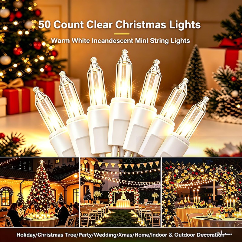 TIGOMOOV 50 Count Mini Clear White Christmas Lights-120V Plug-in End