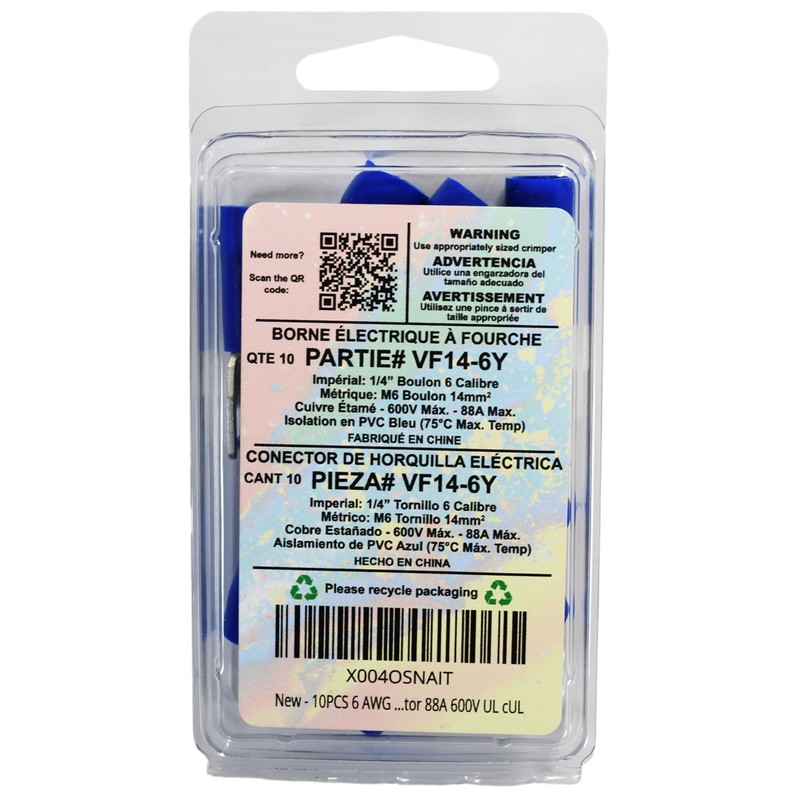 10PCS 6 AWG 1/4" M6 Insulated Fork Crimp Connector 88A