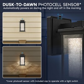 Luxrite Dusk to Dawn LED Outdoor Wall Lantern, Seeded Bubble Glass, 3CCT 3000K 4000K 5000K, IP54 Waterproof, 12W, 1200LM, Black Aluminum, ETL, Exterior Wall Light for Porch, Front Door, Patio (2 Pack)